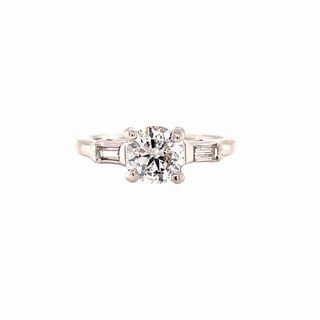 Luxury Taste Radiant Highlight 14 Karat White Gold 3 Stone Round and Baguette Engagement Ring