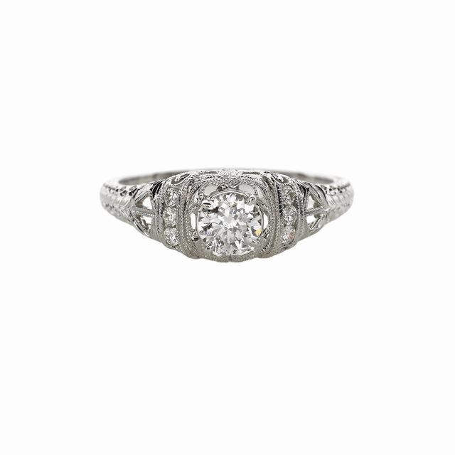 14 Karat White Gold Engraved Antique Engagement Ring (.59cttw) Polished Glam Elegant Detail