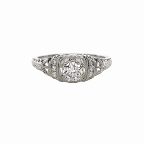 14 Karat White Gold Engraved Antique Engagement Ring (.59cttw) Polished Glam Elegant Detail