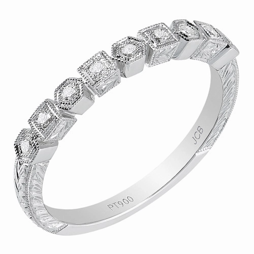 14 Karat White Gold Engraved Diamond Stackable Ring Close Detail Classic Outfit