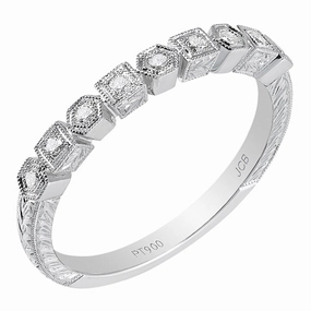 14 Karat White Gold Engraved Diamond Stackable Ring Close Detail Classic Outfit
