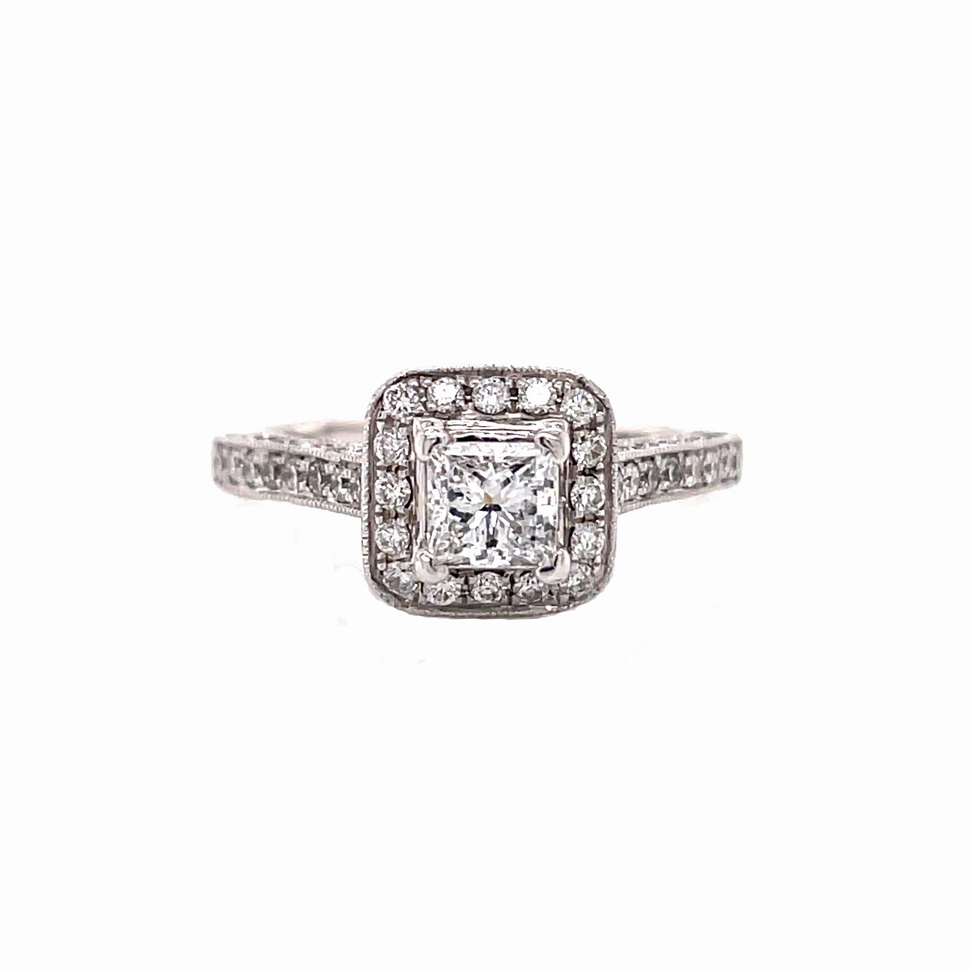 14 Karat White Gold Princess Cute Halo Engagement Ring  (1.07cttw) Modern Sparkle Boho Mood