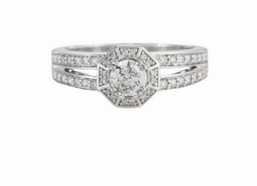 14 Karat White Gold Split Shank Halo Engagement Ring (0.74cttw) Gleaming Gem