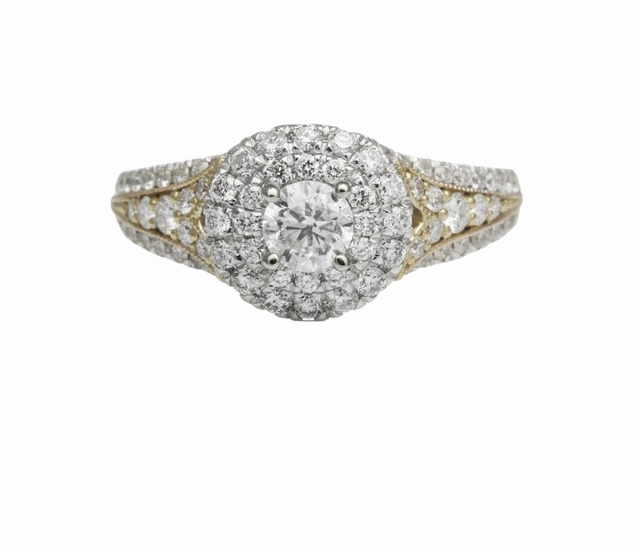 14 Karat White/Yellow Gold Double Halo Engagement Ring (1.09cttw) Youthful Twist Daytime Style