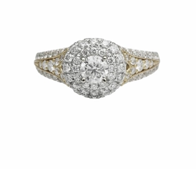 14 Karat White/Yellow Gold Double Halo Engagement Ring (1.09cttw) Youthful Twist Daytime Style