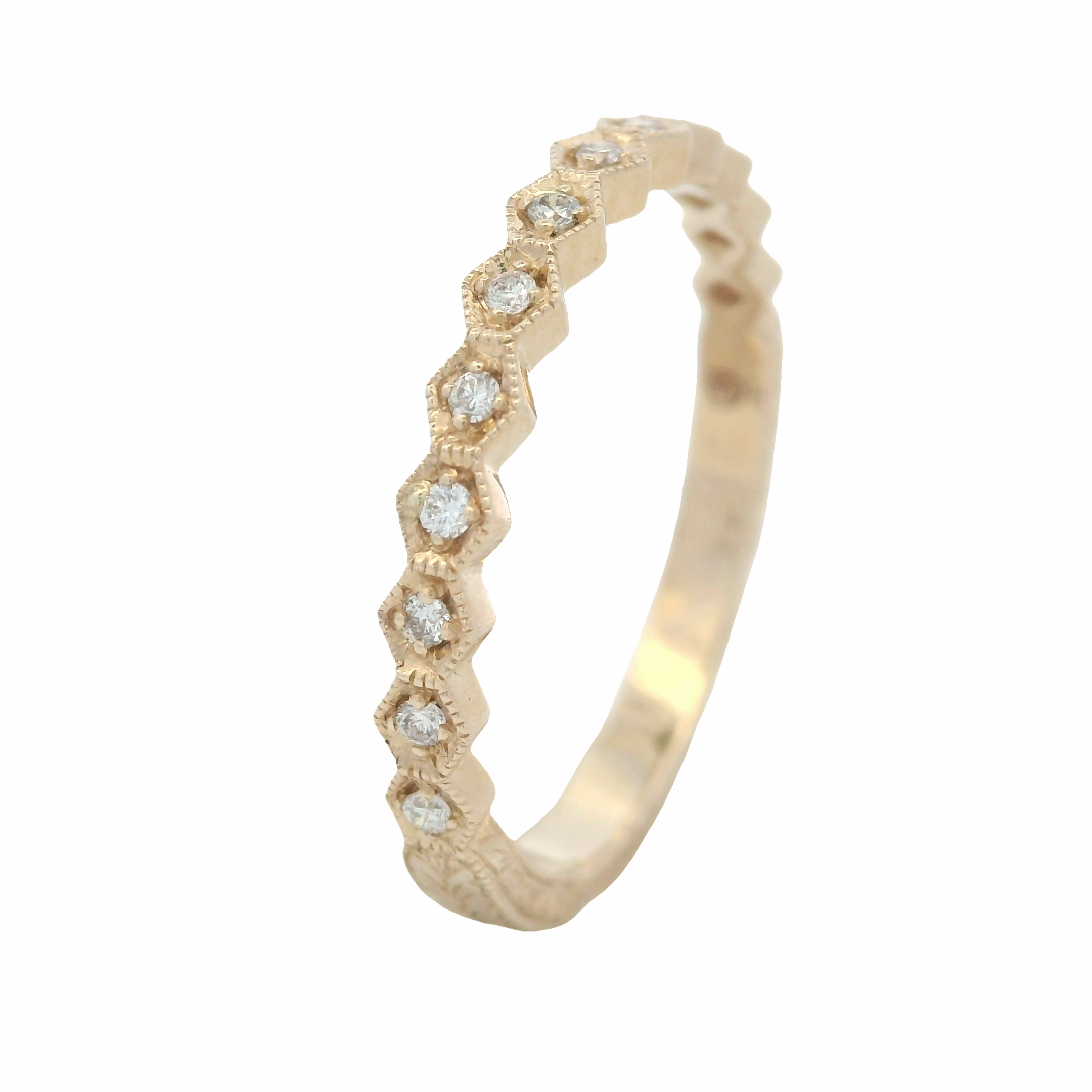 14 Karat Yellow Gold Engraved Diamond Stackable Ring Bridal Moment