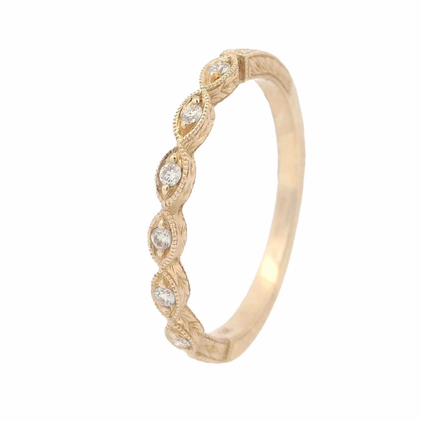14 Karat Yellow Gold Engraved Diamond Stackable Ring Neutral Glow Stylish Line