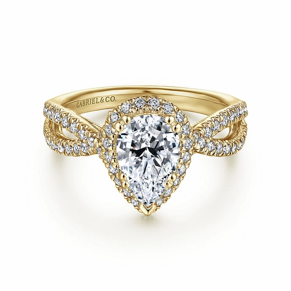 14K Yellow Gold Pear Diamond HaloRing Polished Detail
