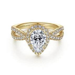 14K Yellow Gold Pear Diamond HaloRing Polished Detail