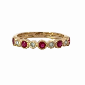 14K Yellow Gold Ruby and Diamond Stackable Band Glam Style Vibrant Craft