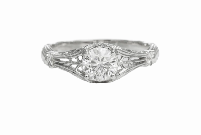 18 Karat White Gold Filigree Antique Engagement Ring (.71cttw) Textured Layers Office Chic