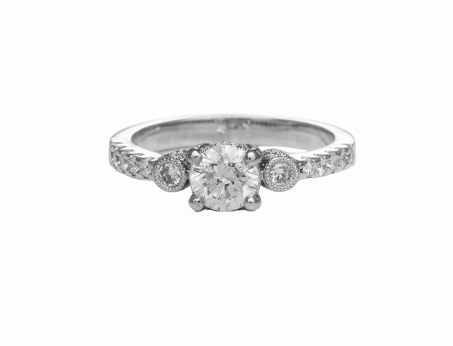 18 Karat White Gold Milgrain 3 Stone Engagement Ring (.97cttw) Everyday Spark