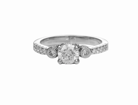 18 Karat White Gold Milgrain 3 Stone Engagement Ring (.97cttw) Everyday Spark