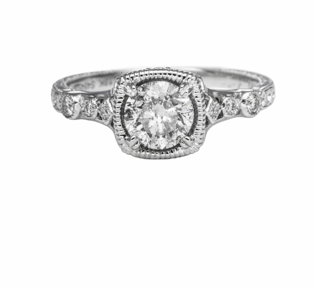 18 Karat White Gold Milgrain Antique Engagement Ring (1.12cttw) Handcrafted Work Radiant Gems