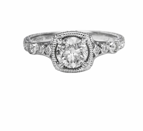 18 Karat White Gold Milgrain Antique Engagement Ring (1.12cttw) Handcrafted Work Radiant Gems