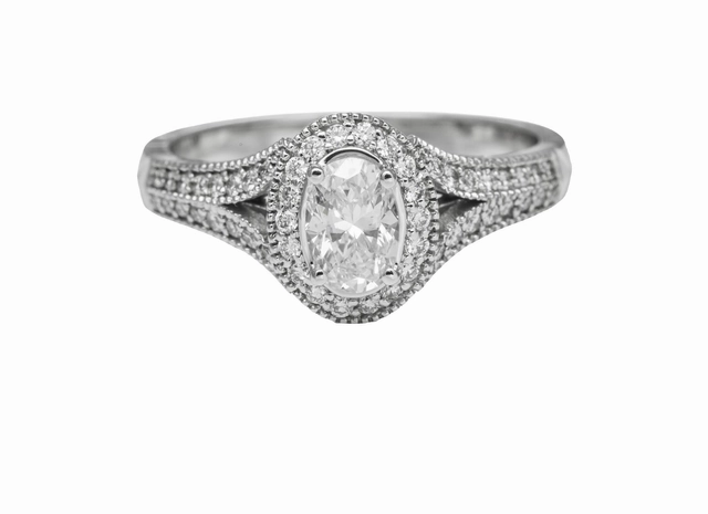 18 Karat White Gold Milgrain Split Shank Halo Engagement Ring (.71cttw) Signature Form