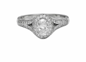 18 Karat White Gold Milgrain Split Shank Halo Engagement Ring (.71cttw) Signature Form