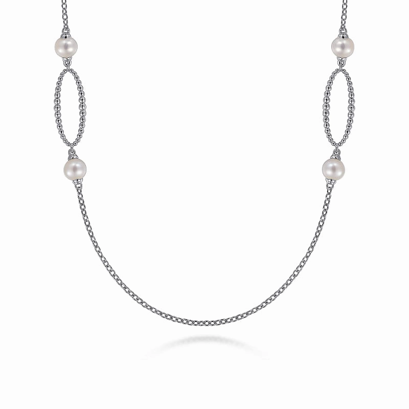 925 Sterling Silver Bujukan Link and Pearl Station Necklace Layered Spark