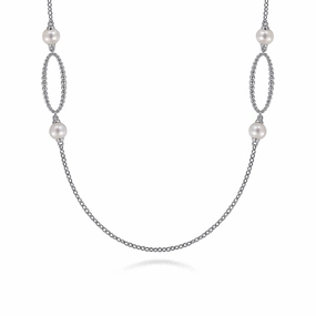 925 Sterling Silver Bujukan Link and Pearl Station Necklace Layered Spark