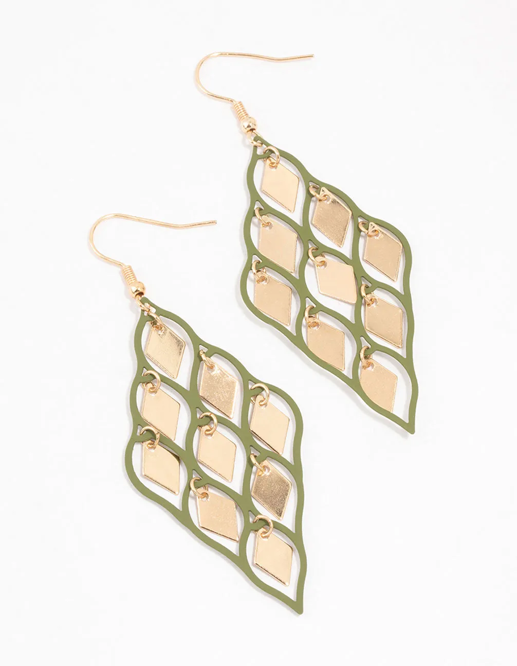 Shiny Ornament Gold & Green Diamond Cut Out Drop Earrings