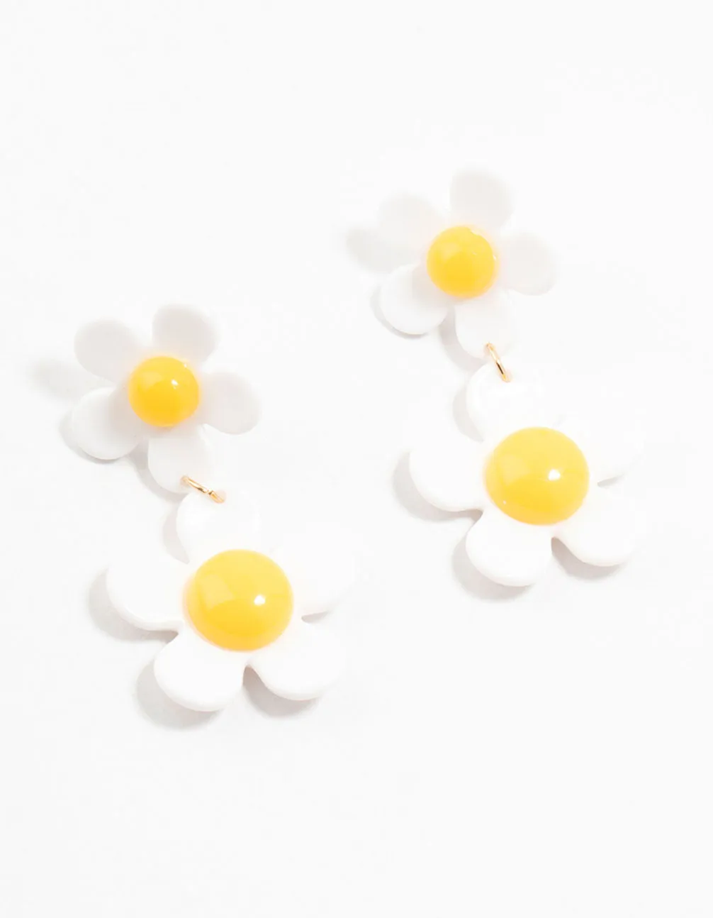 Comfortable Essential Ornate Finish Acrylic White & Yellow Double Daisy Drop Earrings