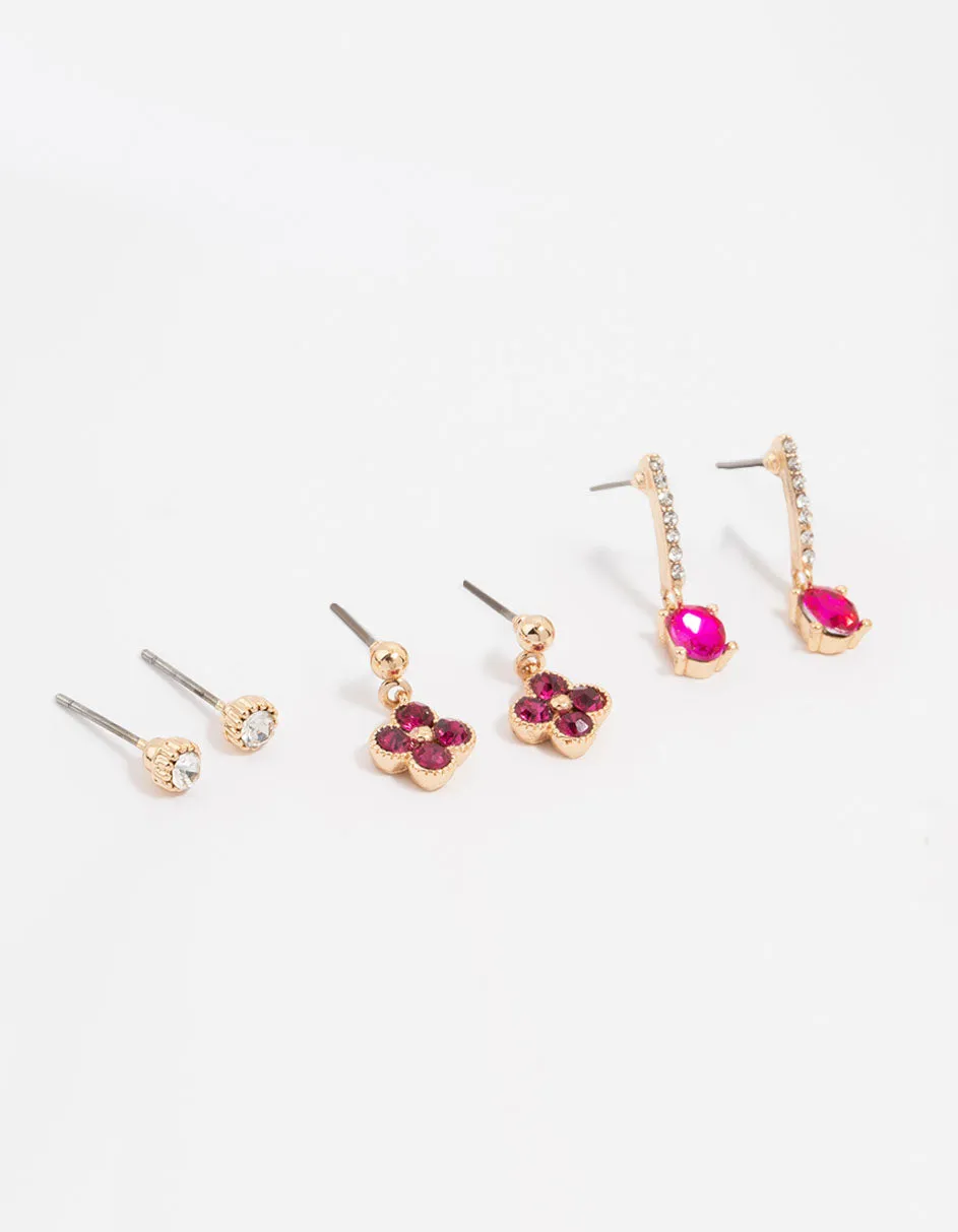 Gold Pink Diamante Clover Stud Earrings 3-Pack Business Piece Wedding Jewelry