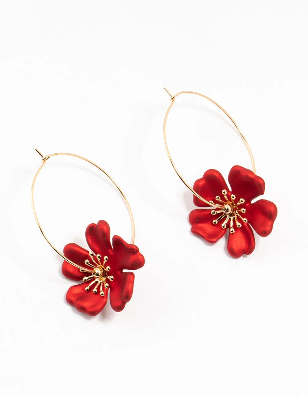 Vintage-Inspired Accessory Gold Red Pearlised Stapled Flower Drop Earrings