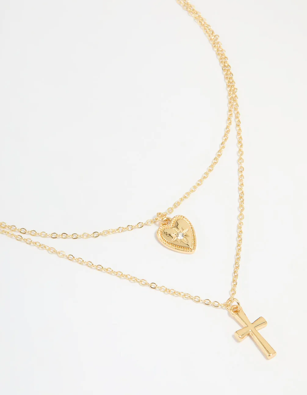 Gold Plated Diamante Heart & Cross Layered Necklace Party Night Adornment