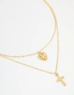 Gold Plated Diamante Heart & Cross Layered Necklace Short Item