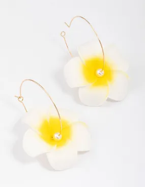 White Frangipani Pearl Hoop Earrings Brilliant Aesthetic