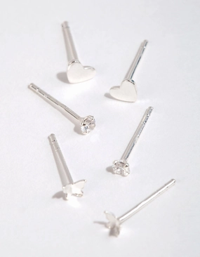 Sterling Silver Heart & Butterfly Stud Earring Pack Modernist Accent