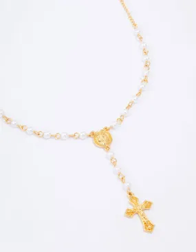 Gold Plated Pearl Cross Y-Shaped Pendant Necklace Fall Occasion Adornment Luxury feature