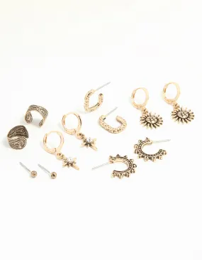 Antique Gold Sun & Star Huggie & Stud Earrings 6-Pack Premium Aesthetic Oversized Piece