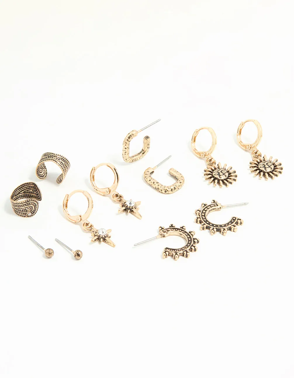 Chic Adornment Pastel Trinket Antique Gold Sun & Star Huggie & Stud Earrings 6-Pack