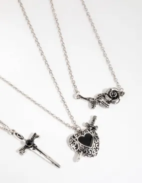 Classic Gift Pure Feature Antique Silver Enamel Heart Layered Necklaces