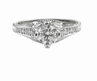 ANTIQUE STYLE RING WITH DIAMONDS IN ENGRAVED SETTING 0.89CT TW Radiant Texture Work Accent