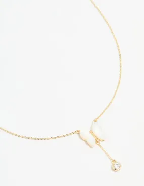 Elegant Fit Gold Plated Mother Of Pearl & Cubic Zirconia Butterfly Y-Necklace