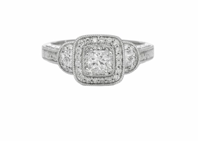 Minimal Piece Feminine Touch 14 Karat White Gold Milgrain Halo Engagement Ring (.95cttw)