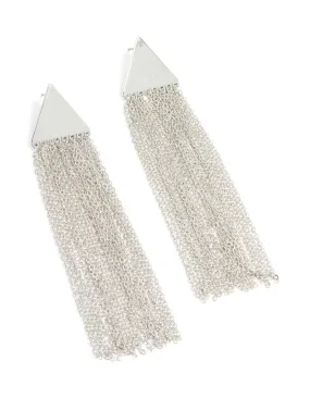 Shiny Ornament Silver Triangle & Chain Drop Earrings