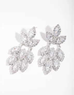 Silver Diamond Simulant Statement Drop Earrings Curved Embellishment Timeless Ornament