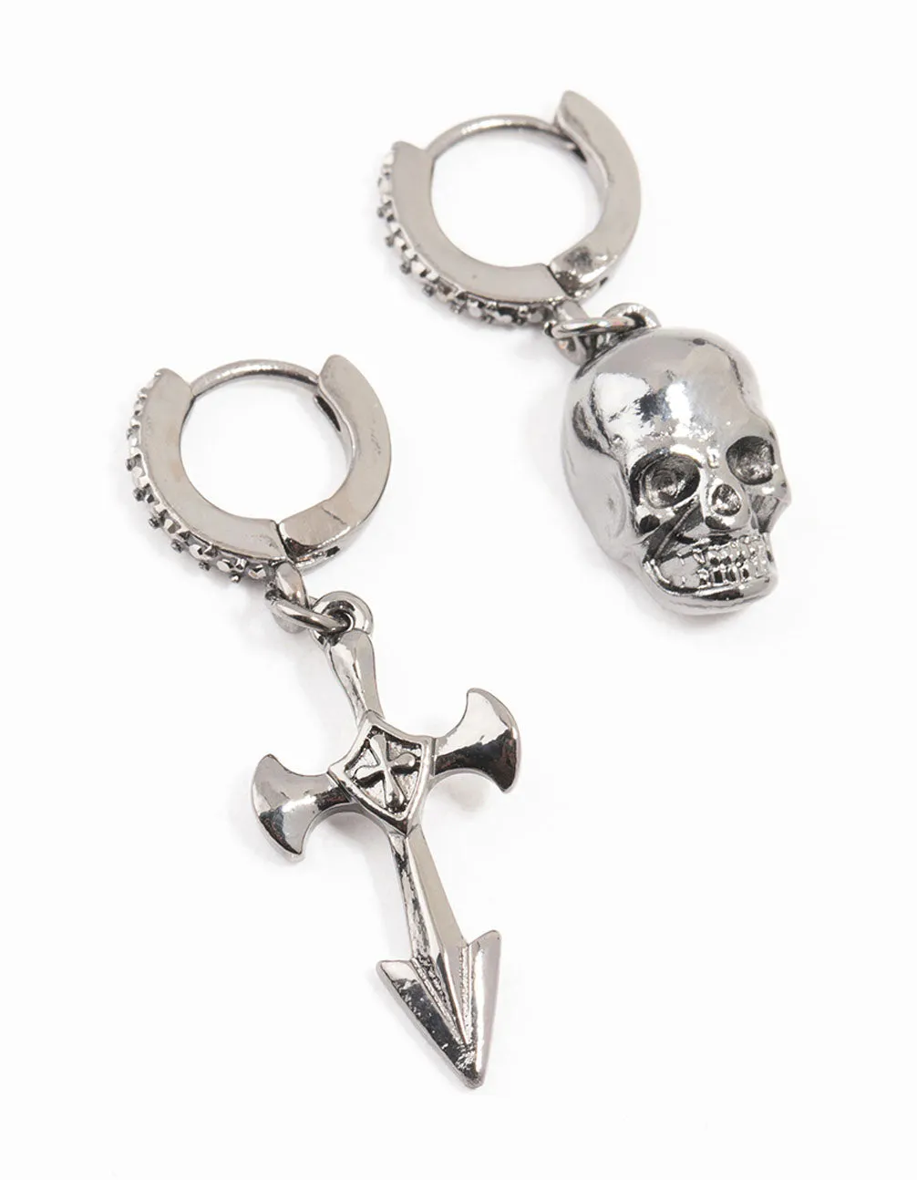Unique Must-Have Gunmetal Diamante Cross & Skull Huggie Earrings