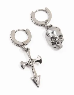 Unique Must-Have Gunmetal Diamante Cross & Skull Huggie Earrings