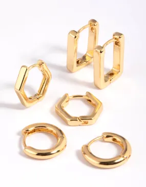 Gold Plated Brass Hexagon Earring Stack 6-Pack Holiday Ornament