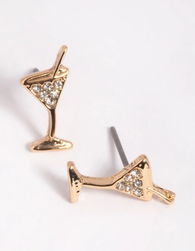 Trendy Element Gold Diamante Martini Stud Earrings