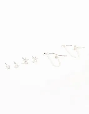 Curved Adornment Pastel Trinket Silver Plated Brass  Flower & Chain Earrings 3-Pack