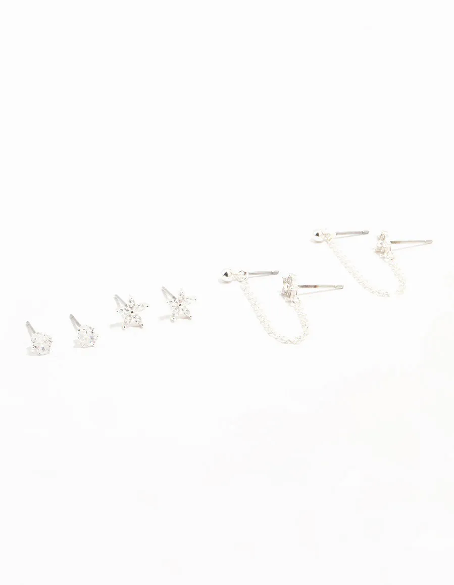 Curved Adornment Pastel Trinket Silver Plated Brass  Flower & Chain Earrings 3-Pack