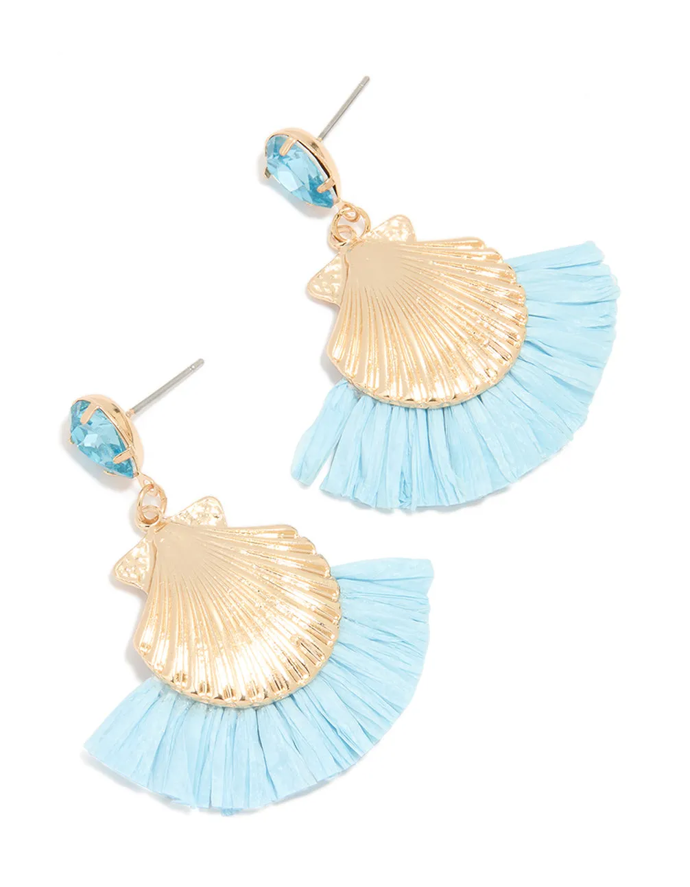 Ornate Selection Gold Shell Blue Raffia Diamante Earrings