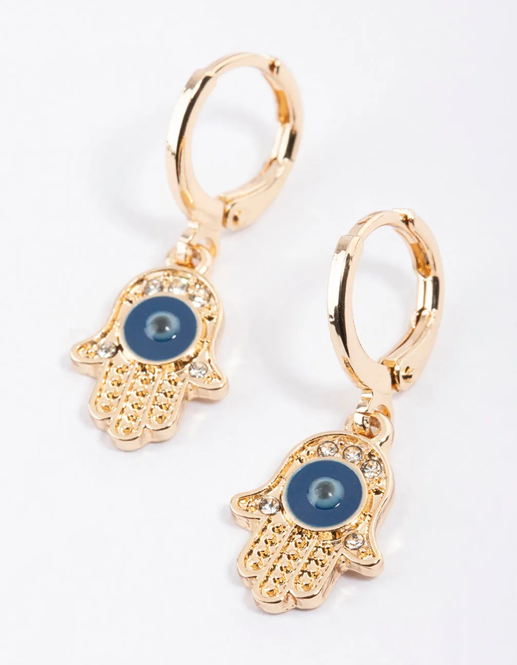 Gold Evil Eye Hand Huggie Earrings Simple Feature