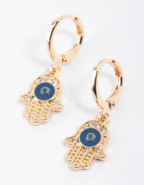 Gold Evil Eye Hand Huggie Earrings Simple Feature