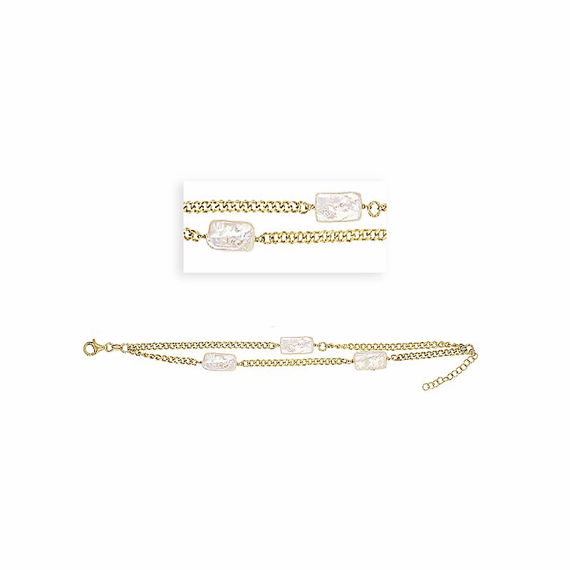 Sterling Silver Gold Plated Double Row Flat Bar Freshwater Pearl Bracelet Modern Accent